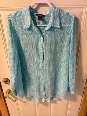 15 Multiples Aqua and White Striped Button-Up Blouse Size X Large Sheer